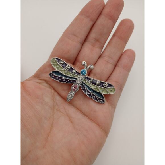 Vintage AAi Dragonfly Brooch Silver Tone Green Black Rhinestones - Picture 3 of 5